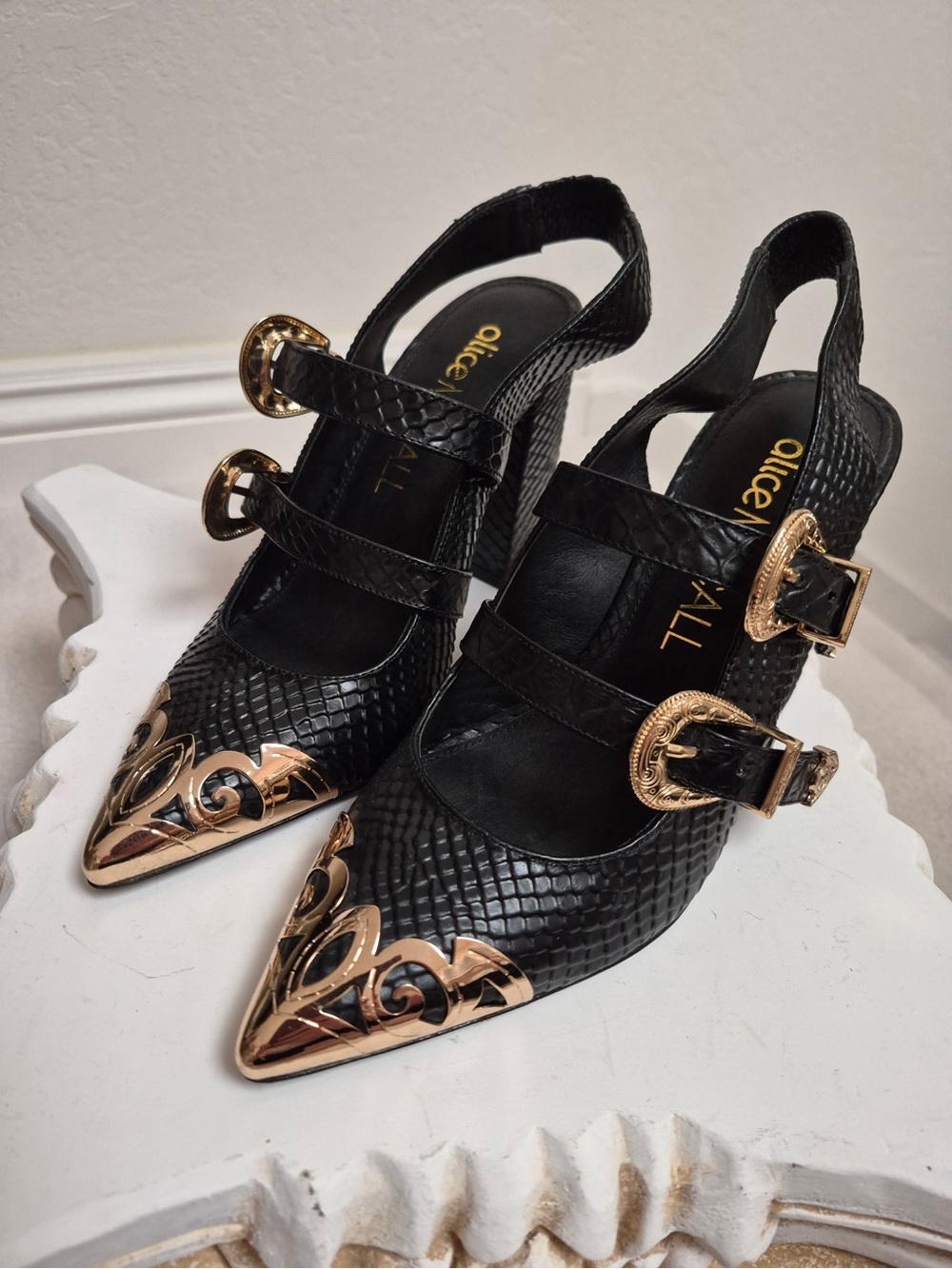 Alice McCall Black Textured Pointed Slingback Heels with Gold Accents